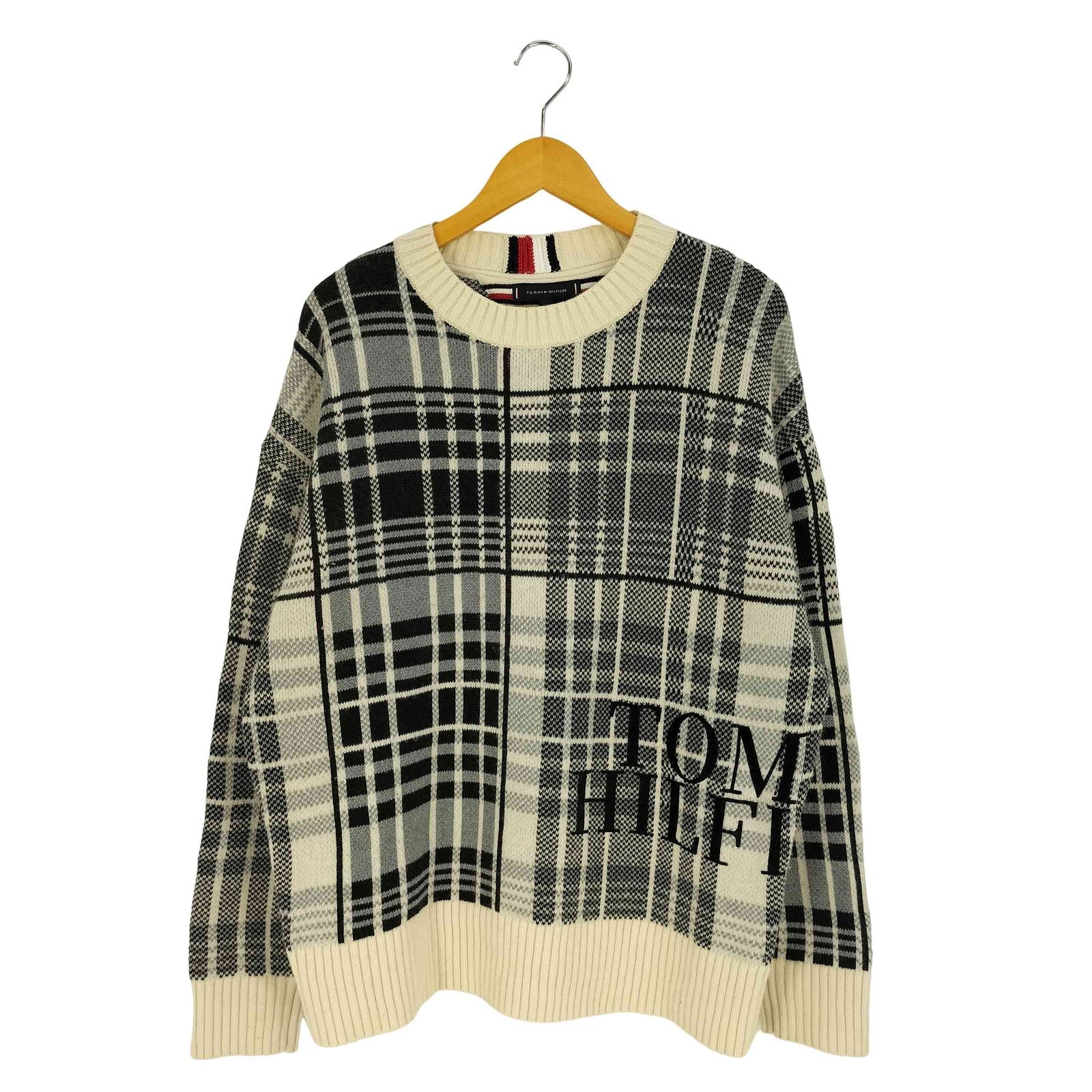 トミーヒルフィガー TOMMY HILFIGER ロゴプリント ミックスチェック クルーネック ニット メンズ import：M 