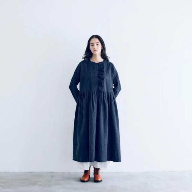 MAGALI | インディゴコットンリネン フリルワンピース ネイビーストライプ | マガリ ドレス フリル