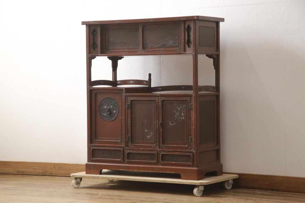 ☆事前問合せ必須☆ 飾り棚 和製アンティーク 明治大正期 朱塗り 螺鈿