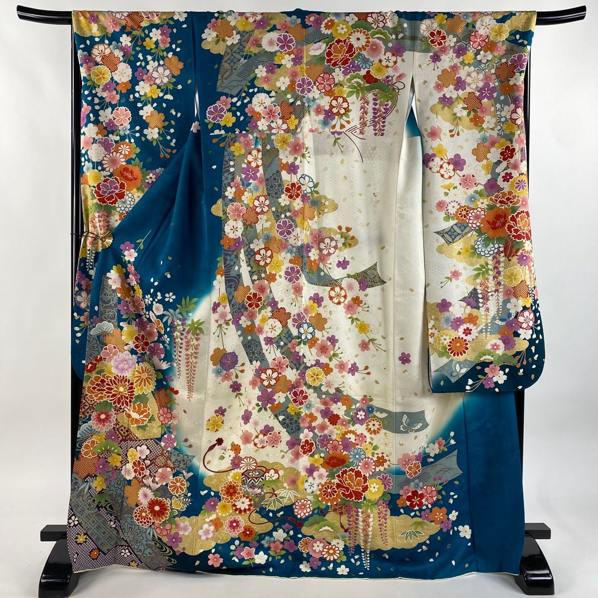 振袖 身丈171cm 裄丈68cm L 袷 松竹梅 菊 銀通し 金彩 青緑 正絹