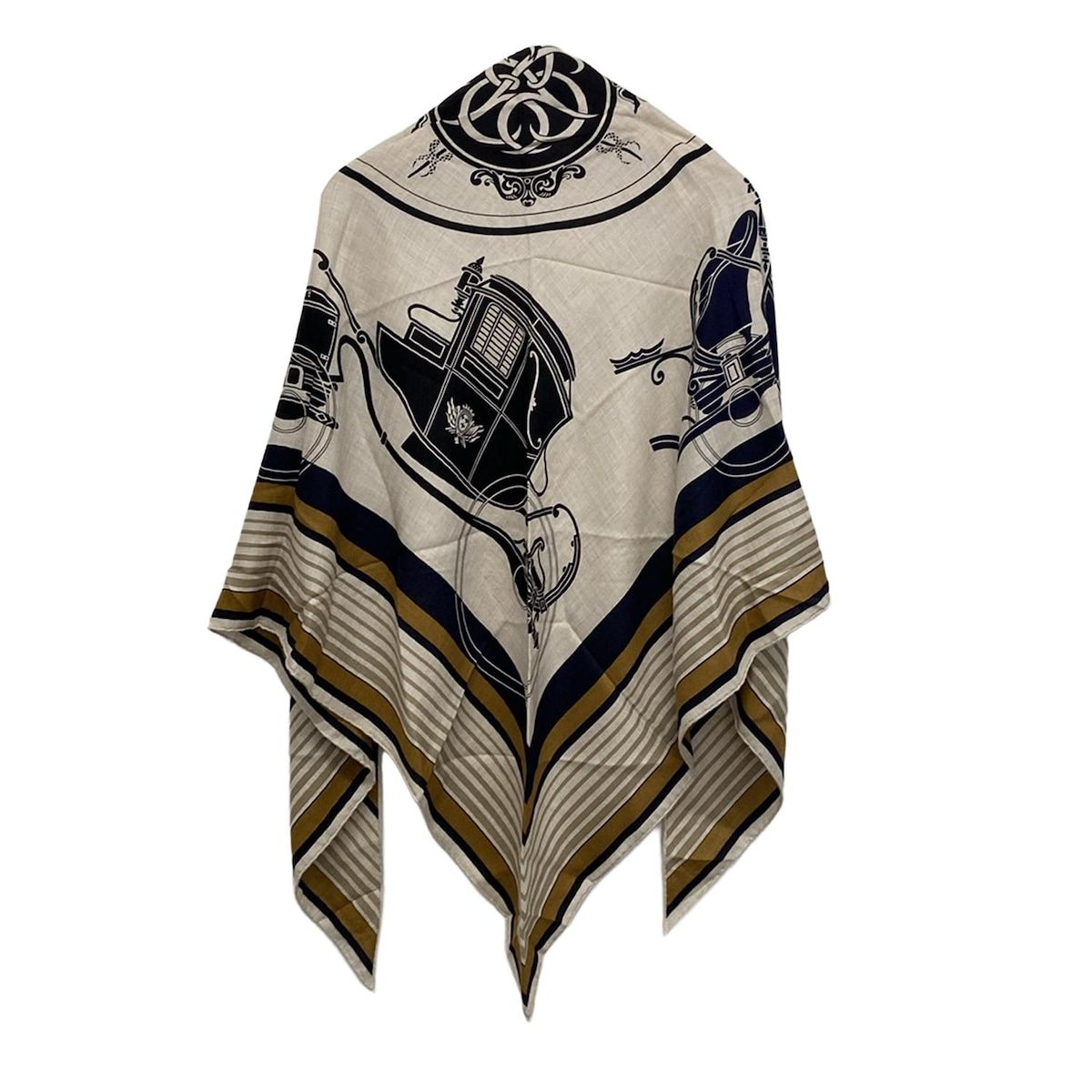 エルメス ストール ショール トライアングル ジェアン ベージュ×ダークネイビー×ブラウン POINTE TRAIANGLE CACH カシミヤ シルク