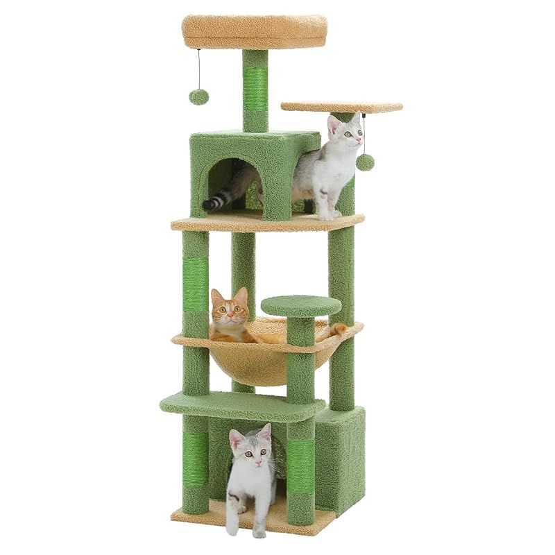 PETEPELA ぺテぺラ キャットタワー 多頭飼い 据え置き コンパクト スリム ハンモック 麻紐 爪研ぎ 猫のおもちゃ 転倒防止 展望台 猫ベッド 運動不足解消 - S 高さ136cm グリーン 1
