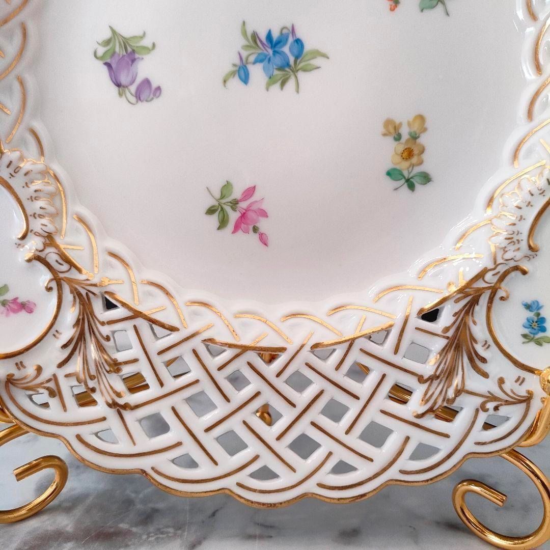 MEISSEN - 20.5㎝★マイセン ピアスエッジ 美品 小花 フワラー 金彩 透かしプレート 20.5㎝☆マイセン ピアスエッジ 美品 小花 フワラー 金彩 透かし