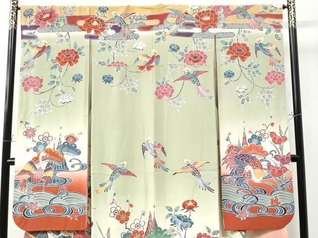 平和屋着物○豪華振袖 型染め 鳳凰浜松鶴風景文 暈し染め 正絹 逸品