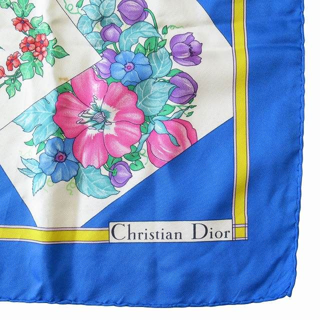 クリスチャンディオール Christian Dior 花柄 総柄 大判 シルク スカーフ ブルー マルチ メンズ レディース ユニセックス