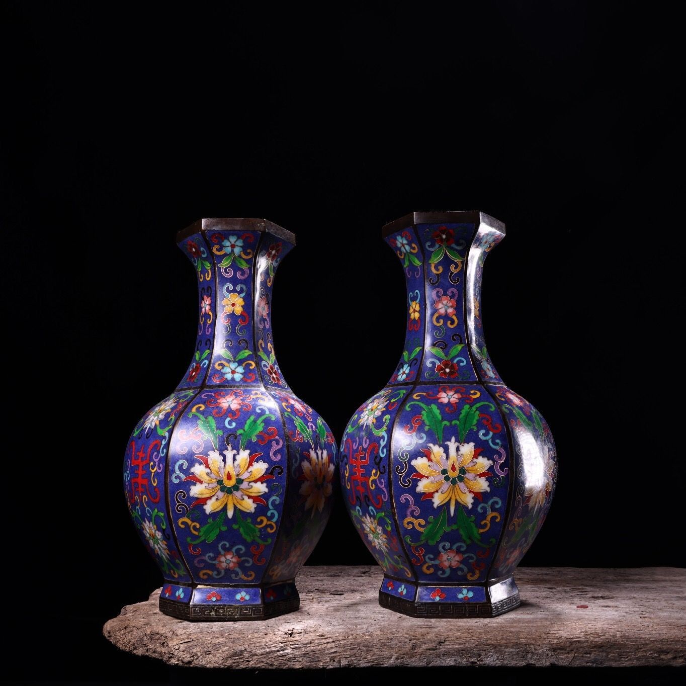 旧家蔵出し 銅製 景泰藍 琺瑯彩 龍鳳紋 花瓶一對 供養品 古美術品