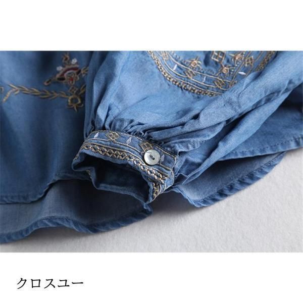 ブラウス レディース トップス チュニック 春 夏 デニム プルオーバー 花柄 刺繍 長袖 Uネック 体型カバー 大きいサイズ 薄手 40代　 ブラウス レディース トップス チュニック 春 夏 デニム プル