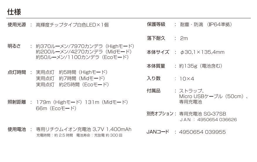 アウトレット】ジェントス LED懐中電灯 370ルーメン 閃 SG-407R 4