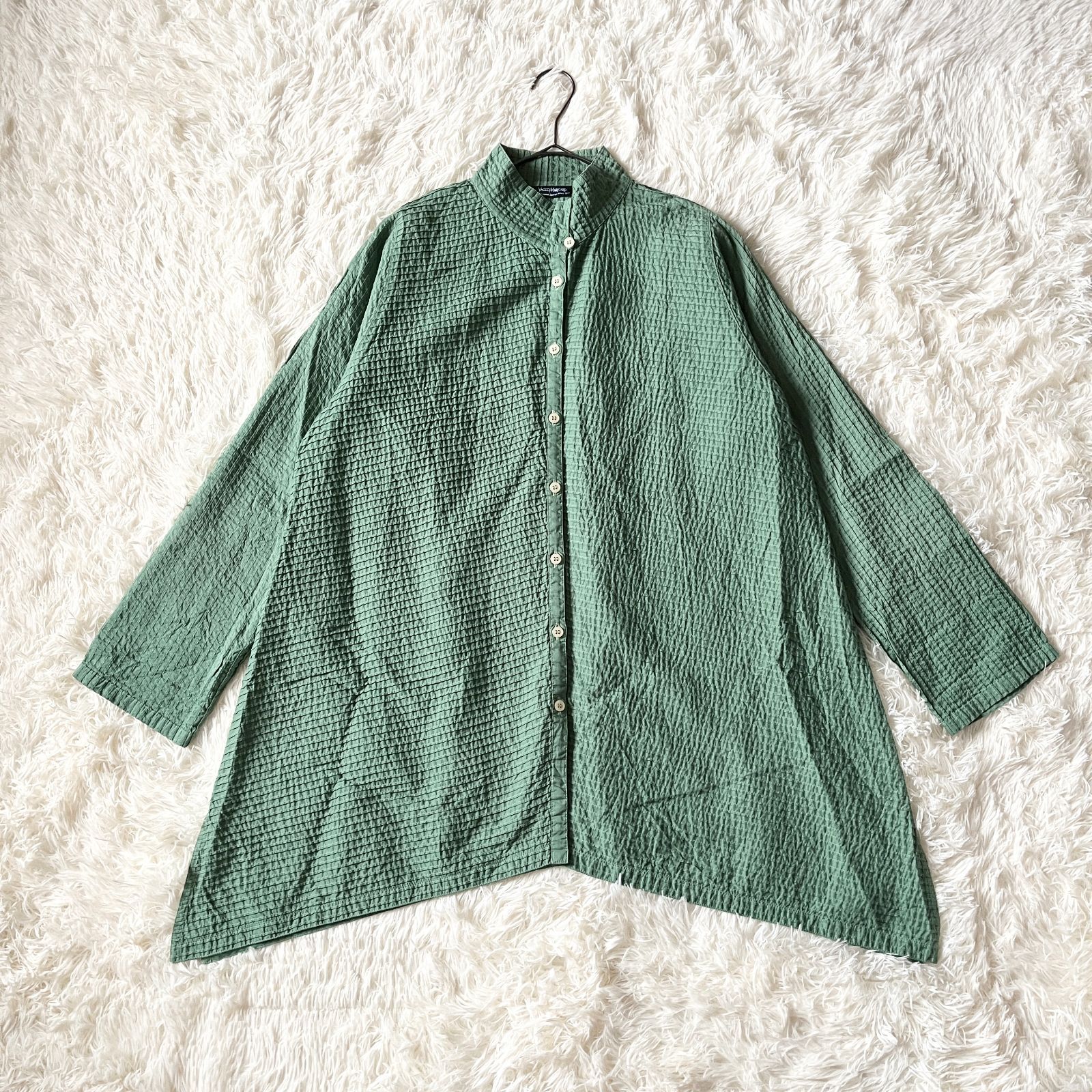 YACCOMARICARD ヤッコマリカルド 総ピンタック 長袖シャツ 大きいサイズ ゆったり スタンドネック 緑系