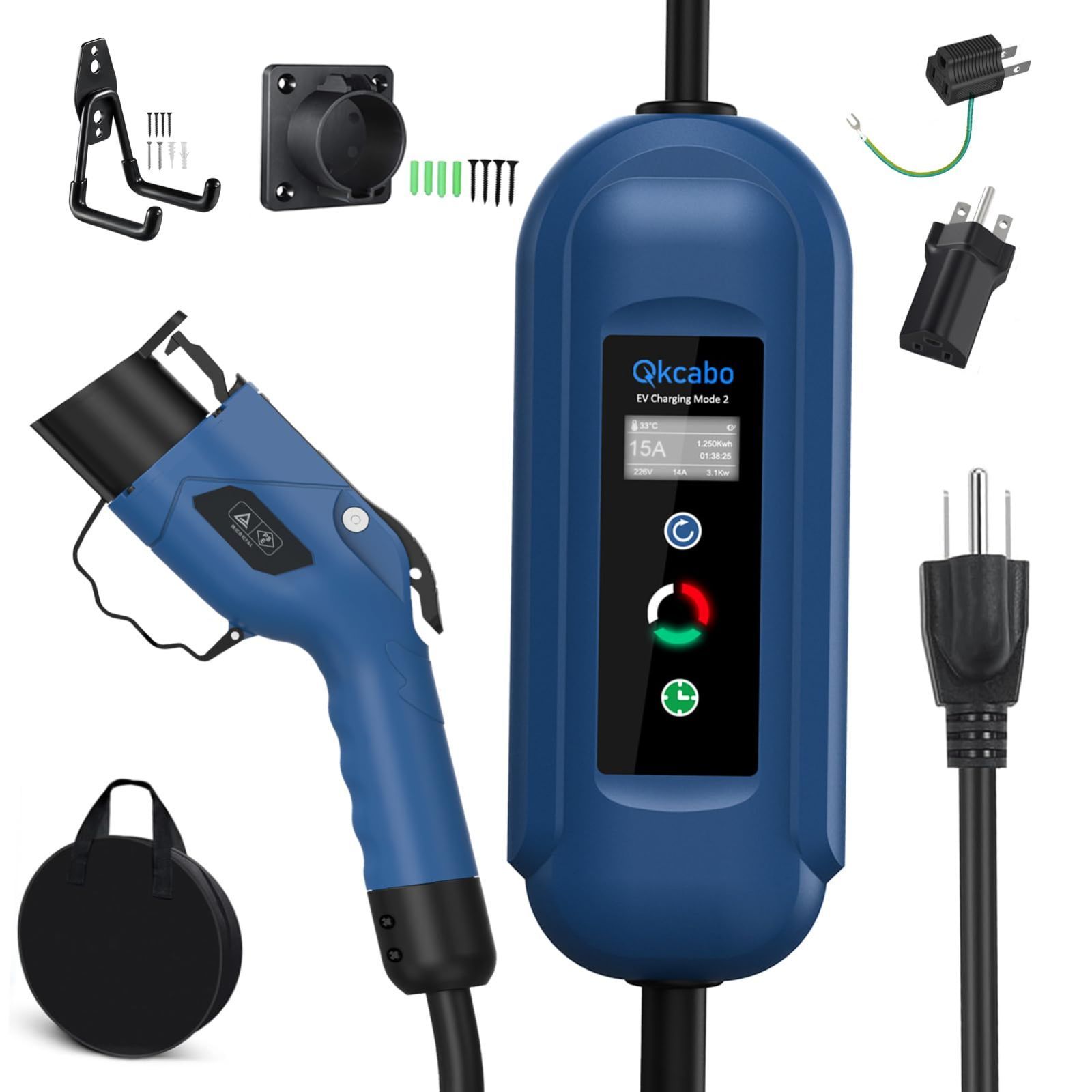 Qkcabo 100V-240V 電気自動車 充電ケーブル EV 充電ケーブル、8A/10A/13A/15A 電流調整可能の家庭用自動車充電ガンSAE  J1772急速PHEV充電ケーブル付き、電気自動車用ポータブル充電器（7.5M、100V/200V変換アダプ - メルカリ