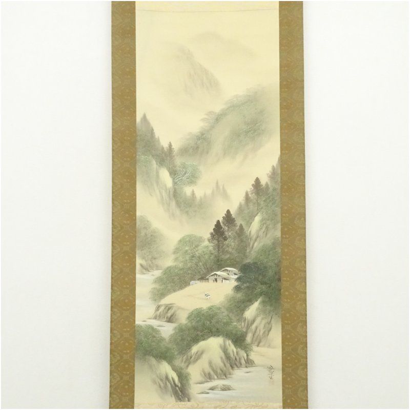 吉村舞堂筆 水墨山水 肉筆絹本掛軸（共箱） 掛け軸 床の間 書 おしゃれ