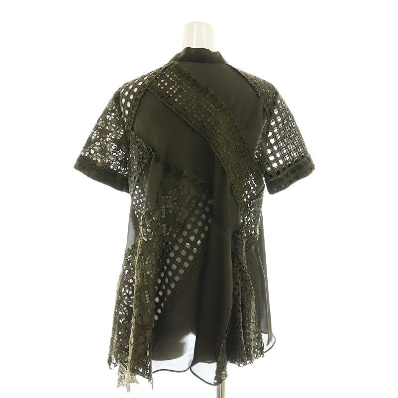 サカイ sacai asymmetry mesh blouse ブラウス 切替 半袖 2 カーキ 21  