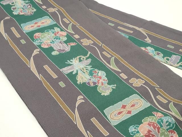 平和屋着物●全通柄九寸名古屋帯 草花間道 葡萄鼠色 鬼しぼ縮緬 正絹 DAAY0148ob