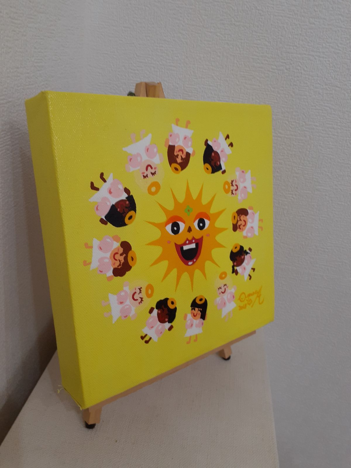 風力発電とハッピー太陽 20×20cm アクリルガッシュ 画家 小楠アキコ作品-