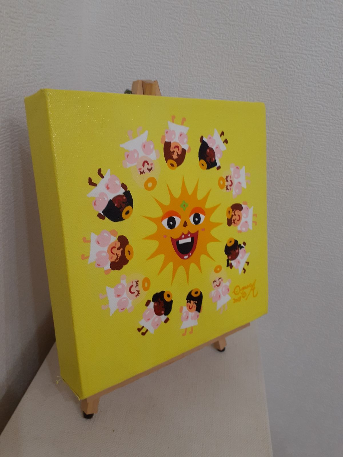 ハッピー太陽と天使ちゃん アクリル絵の具 20×20cm キャンバス 画家 