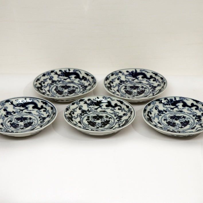 明治期・古伊万里焼・染付・龍紋皿・5枚組・No.190518-050・梱包サイズ