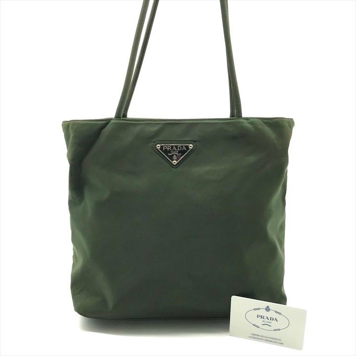 良品 PRADA プラダ ナイロン テスート ハンド バッグ カーキ 三角ロゴ
