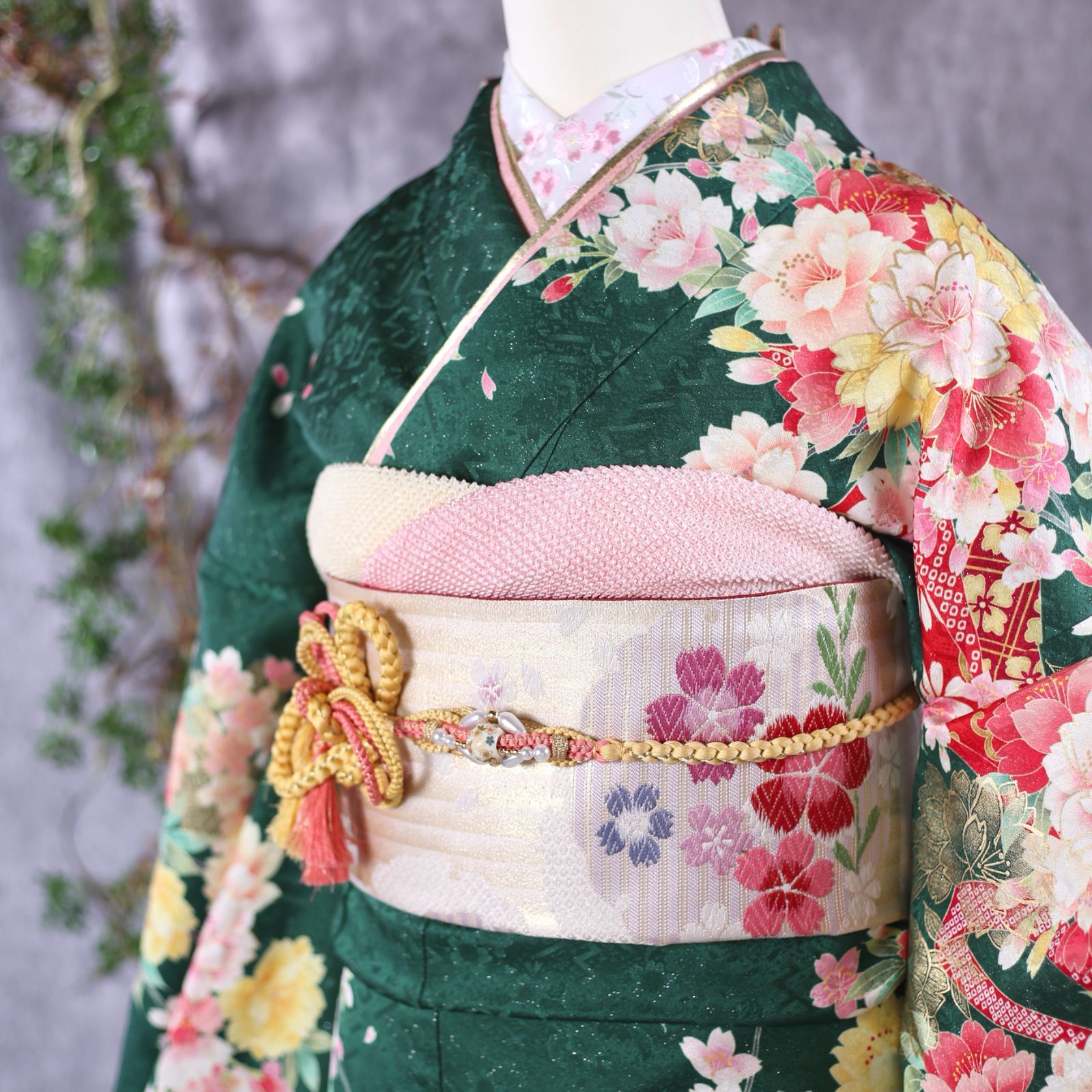 振袖フルセット 振袖セット 振袖 Lサイズ 深緑×桜 美品 成人式