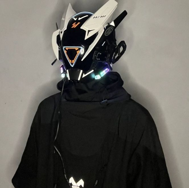 白三角白角白風刀サイバーパンク仮面マスク円灯翼おさげ音楽祭LED発光仮面コスプレコスプレ