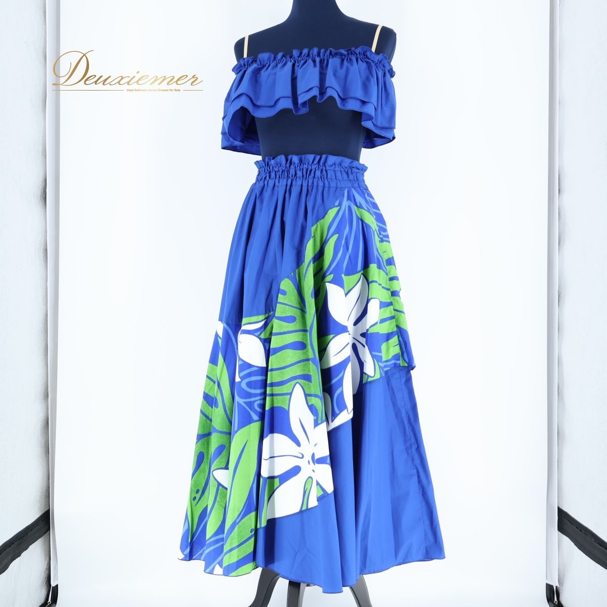 【美品 日本製 フラダンス衣装】 ブルー MermaidLine MMJ マーメイドライン ワンピース ドレス 青 黄 緑 花柄 かわいい フリル 美品 日本製 フラダンス衣装】 ブルー MermaidLine MMJ