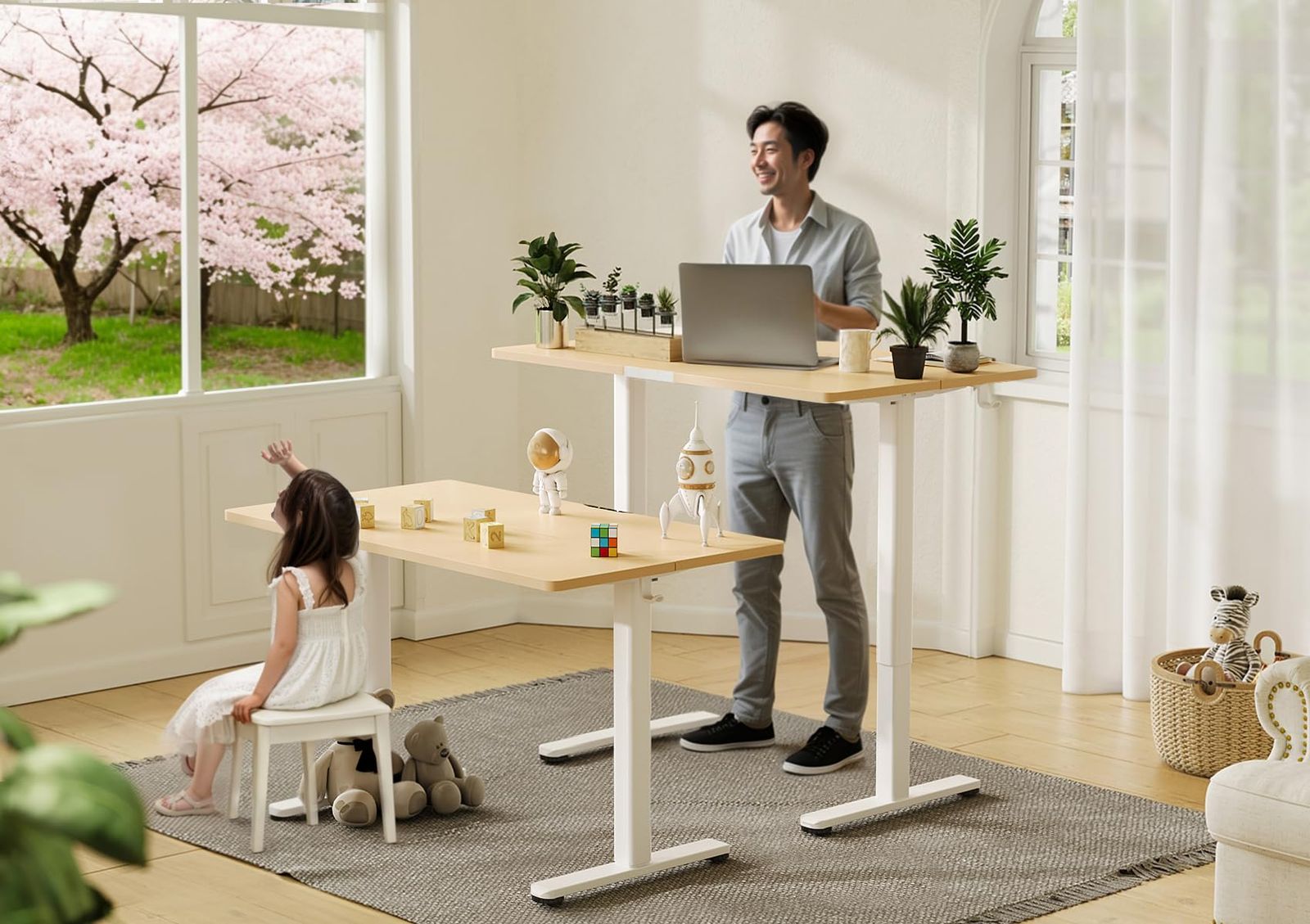 在庫処分 テレワーク オフィスデスク 幅120cm*奥行き60cm 在宅ワーク テーブル 昇降式 パソコンデスク スタンディングデスク 高さ調節 電動 メモリー機能 昇降デスク ホワイトフレーム|ナチュラル天板 Claiks