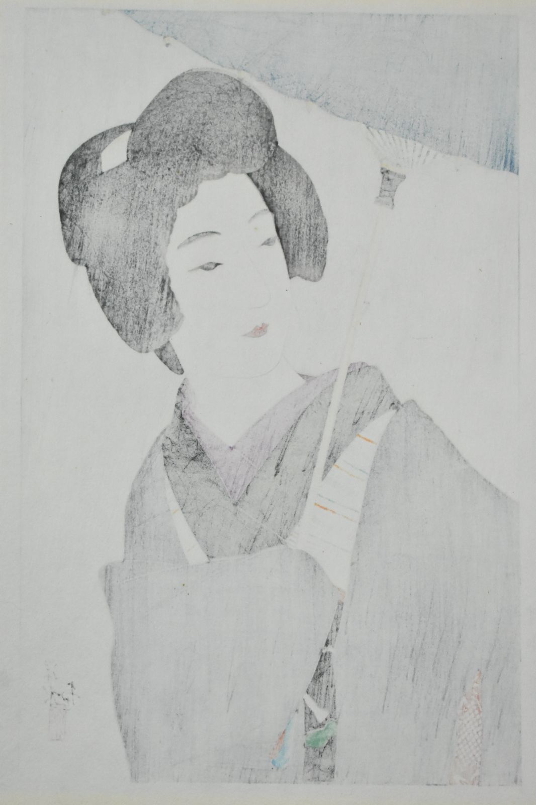 伊東深水 木版画「時雨」昭和二年制作 額付き ☆木版画/伊東深水/版画
