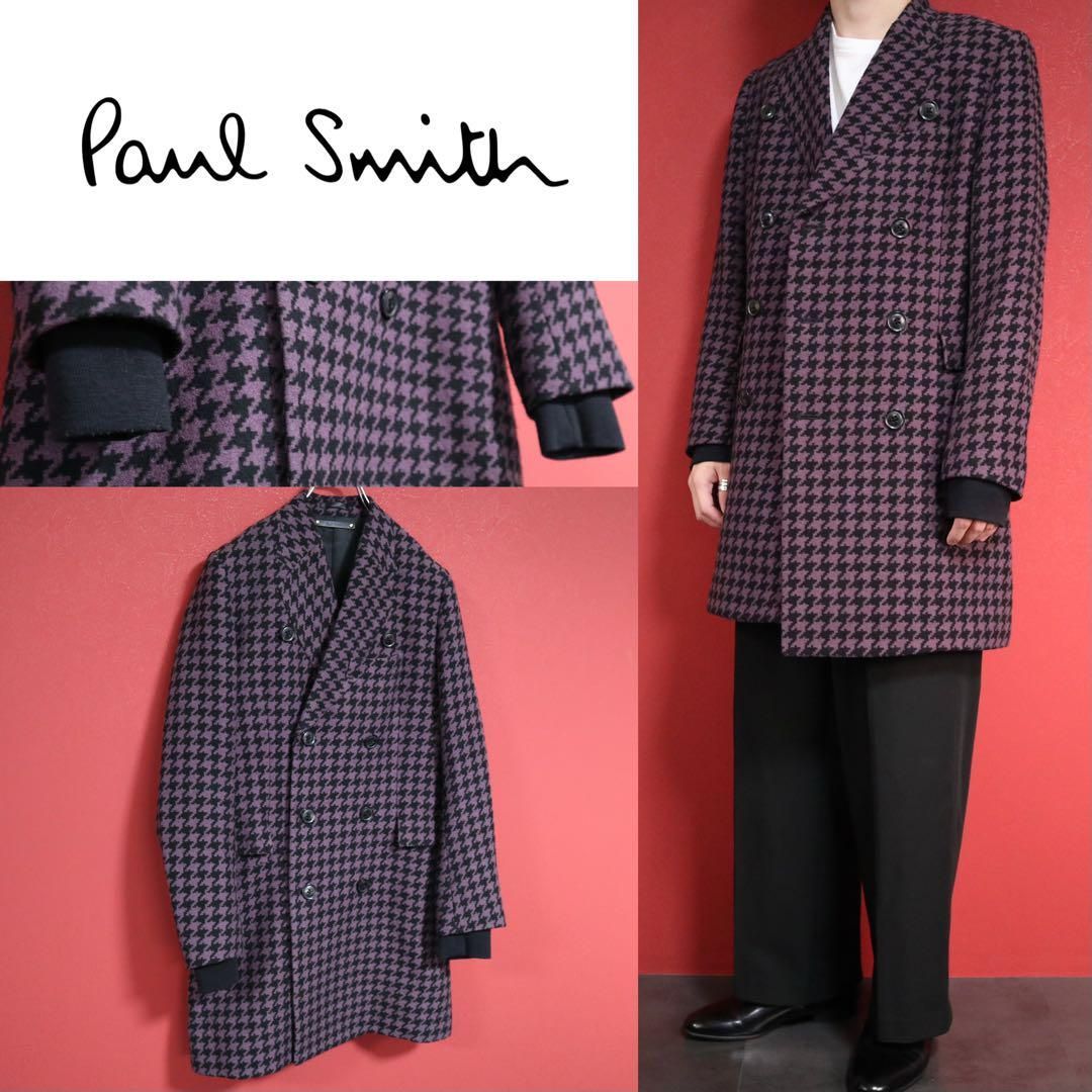 【極美品】Paul Smith 千鳥格子 紫 シルク混 袖リブ 襟ステッチコート 極美品】Paul Smith 千鳥格子 紫 シルク混 袖リブ 襟ステッチコート