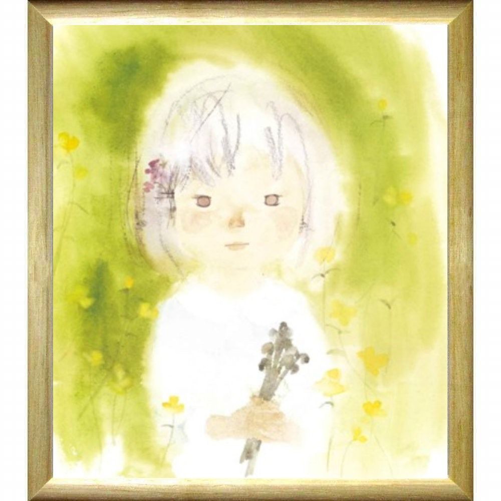 ★ いわさきちひろ『わらびを持つ少女・色紙(ナチュラル)』複製画・人物画　児童画　蕨　山菜・複製画