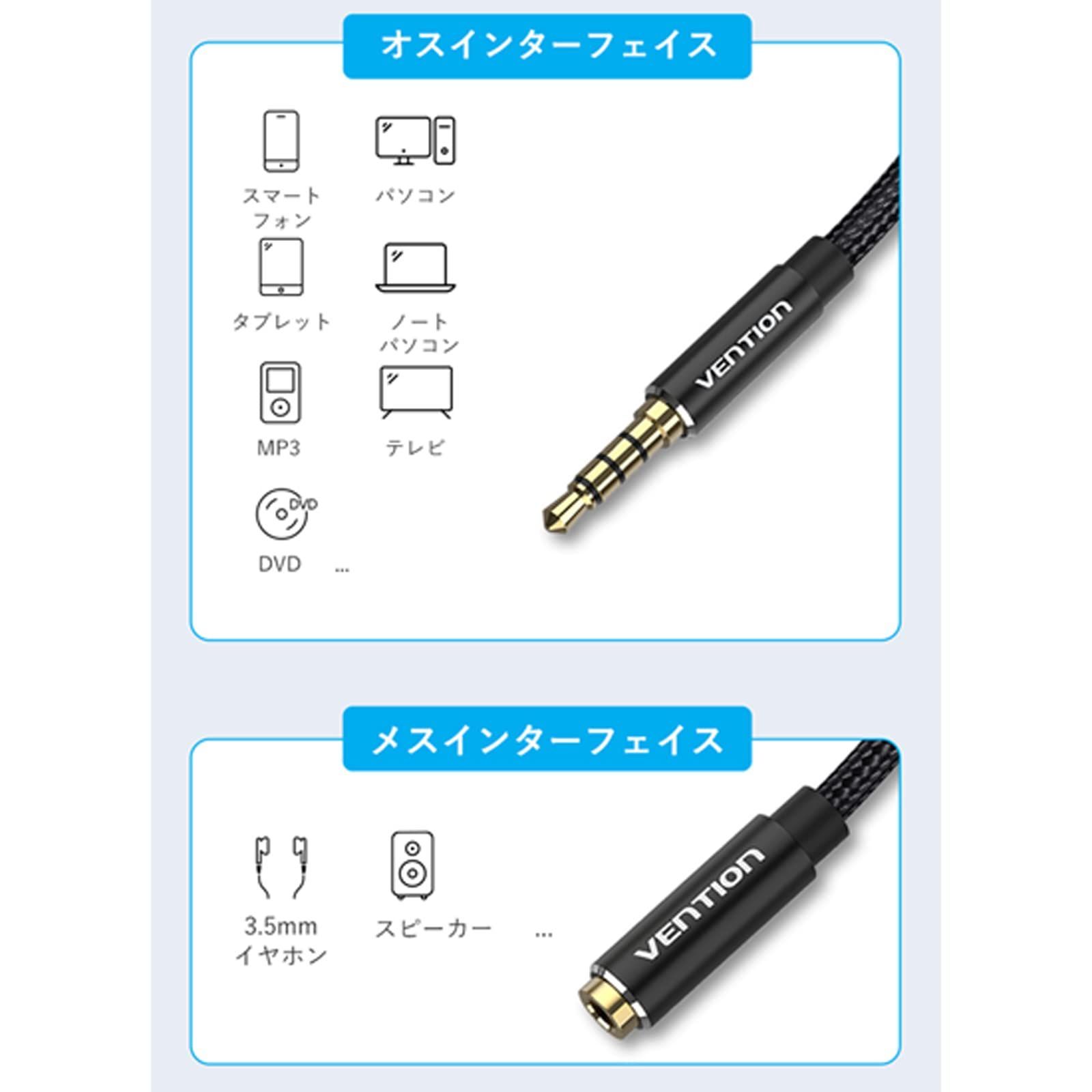 VENTION コットン編み TRRS 3.5mm Audio 延長ケーブル 4極 オス - メス イヤホン ヘッドホン 延長 iPhone、i