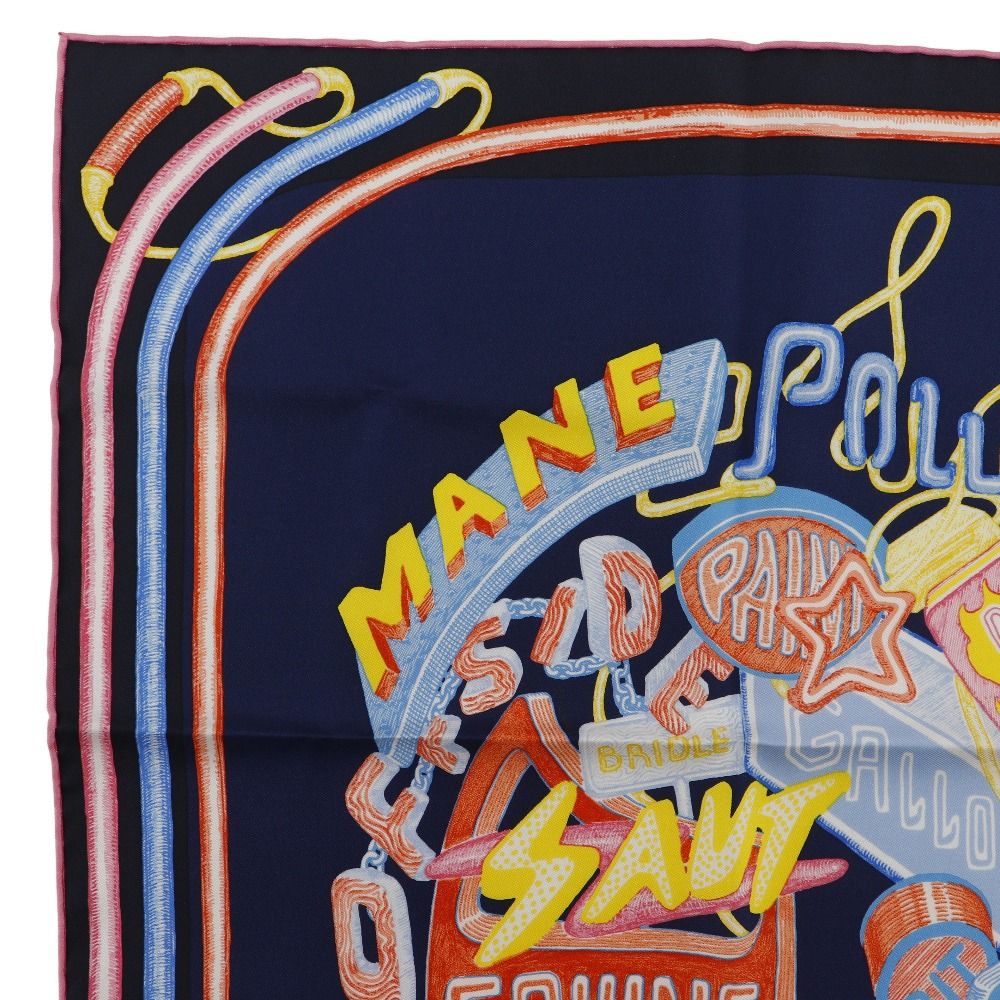 HERMES エルメス カレ45 ガヴロッシュ シュヴァロスコープ ネオン 23SS シルク 紺色 ピンク レディース スカーフ