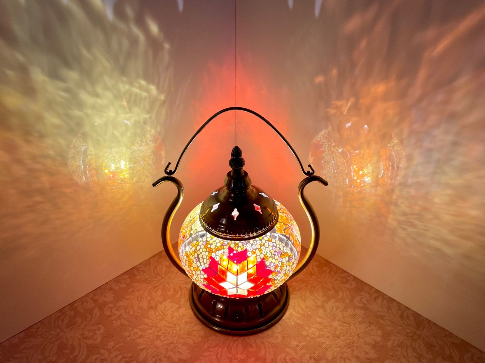 トルコモザイクランプ（充電式オレンジ）オリジナルデザインガラス