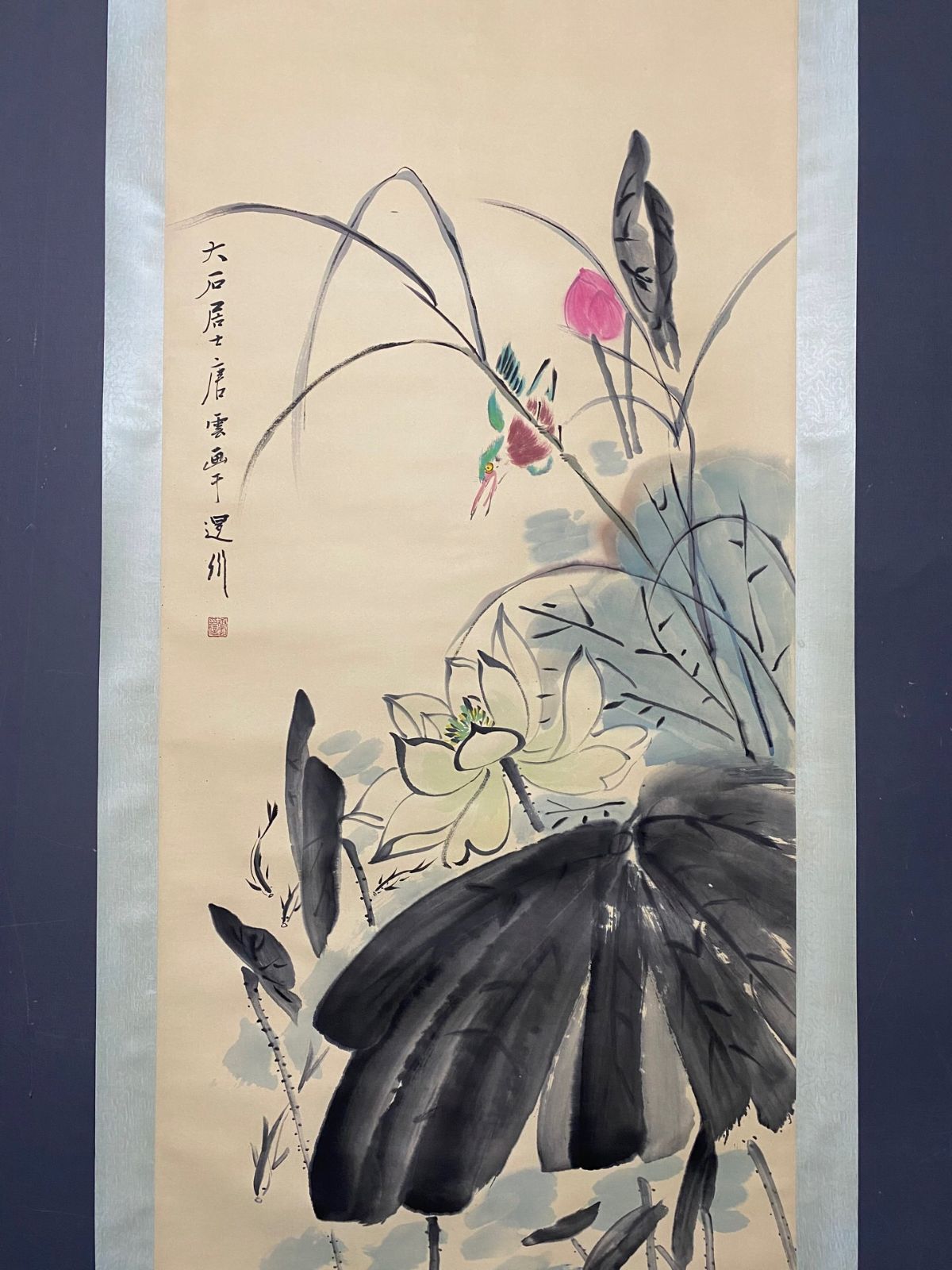 中国古美術・旧藏 明代風・吕紀款・花鳥図・四尺中堂掛軸・