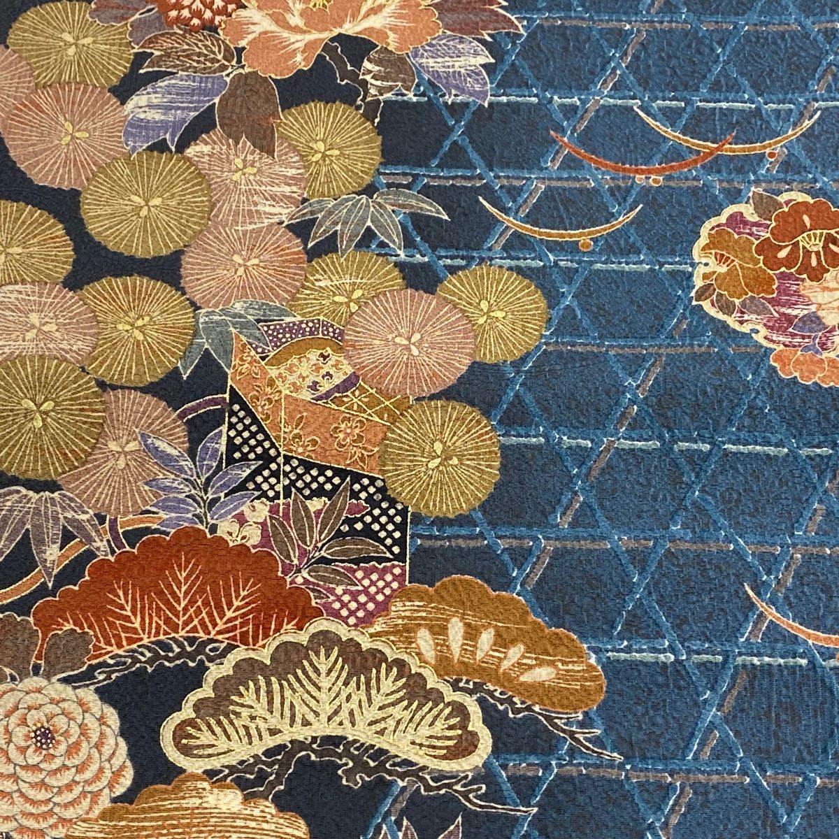 反物 秀品 小紋 松竹梅 籠目 金彩 青灰色 正絹