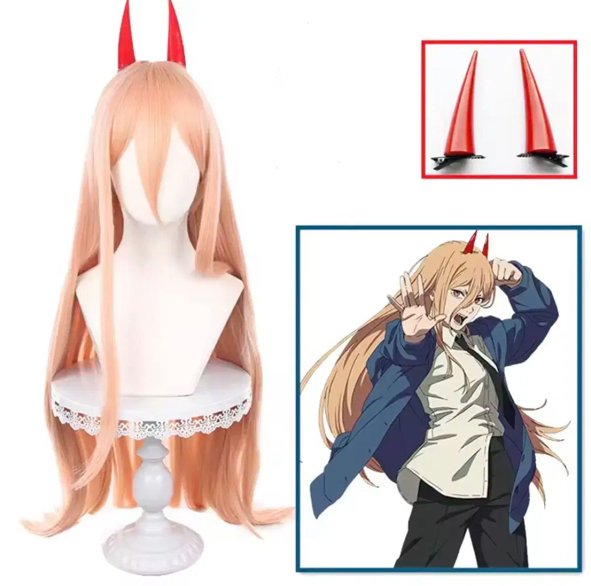 馬狼照英* チェンソーマン パワー 武器 ウィッグ 角 コスプレㅣハロウィーン コスチューム