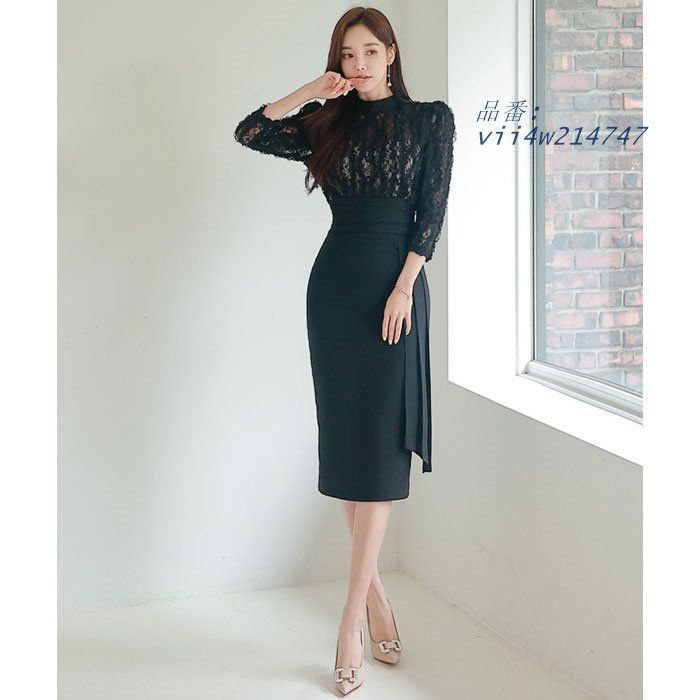 シースルー刺繍トップ ハイウエスト膝丈タイト 七分袖ワンピース 黒 キャバ スナック セクシー 韓国 服装 レディース ドレス vii4w214747