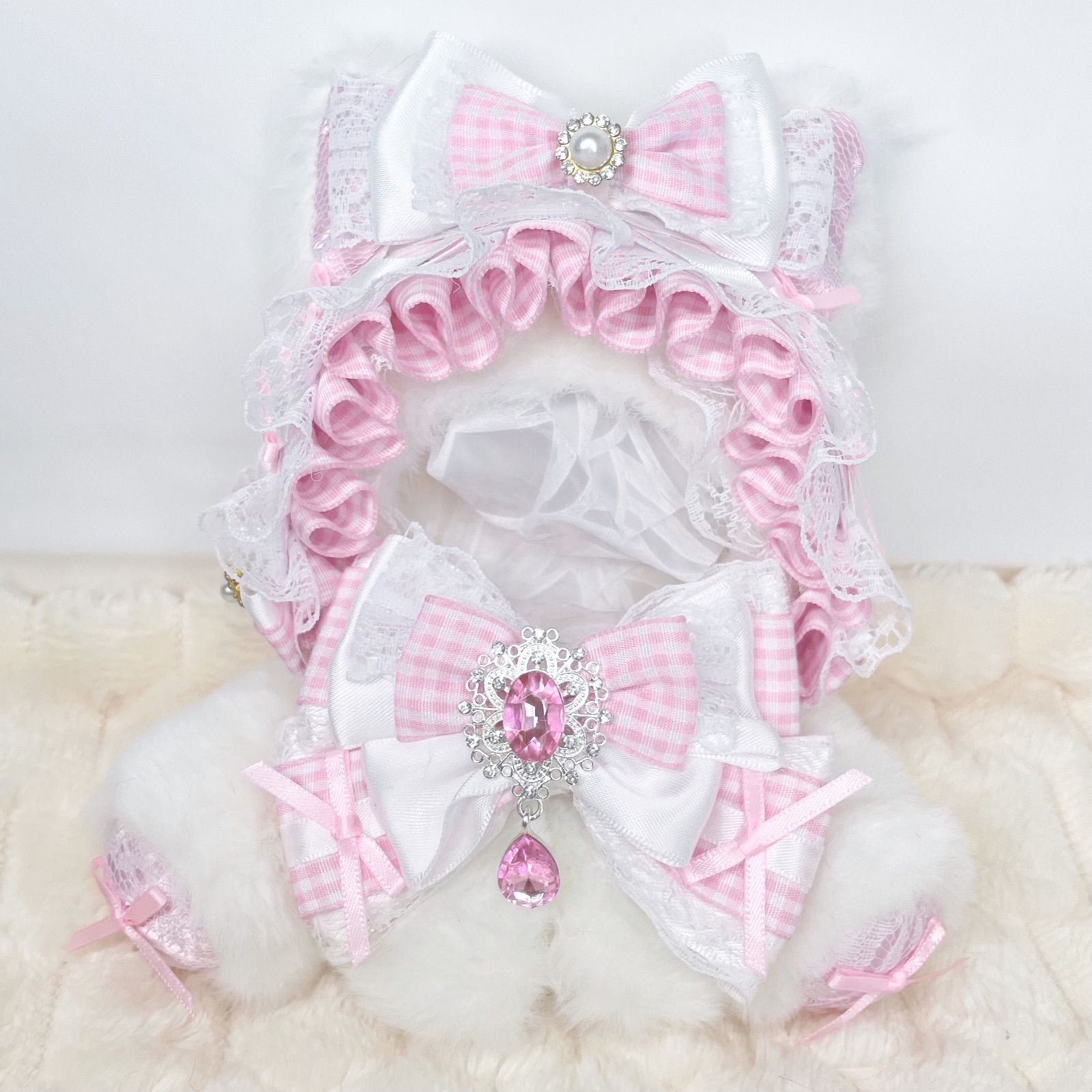 10cm～12cm用 ぬい服 ハンドメイド ネコ耳 ピンク おすわり いつぬい