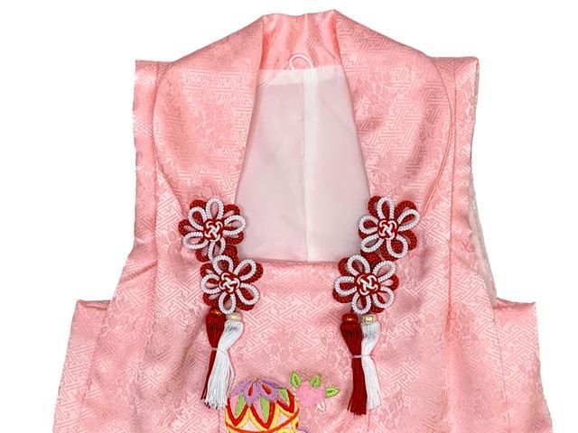 七五三 三歳 女の子 被布セット 正絹被布コート 草履 巾着 足袋 4点コーデセット ピンク 鞠と鶴 梅 IHF 904 4 set 01