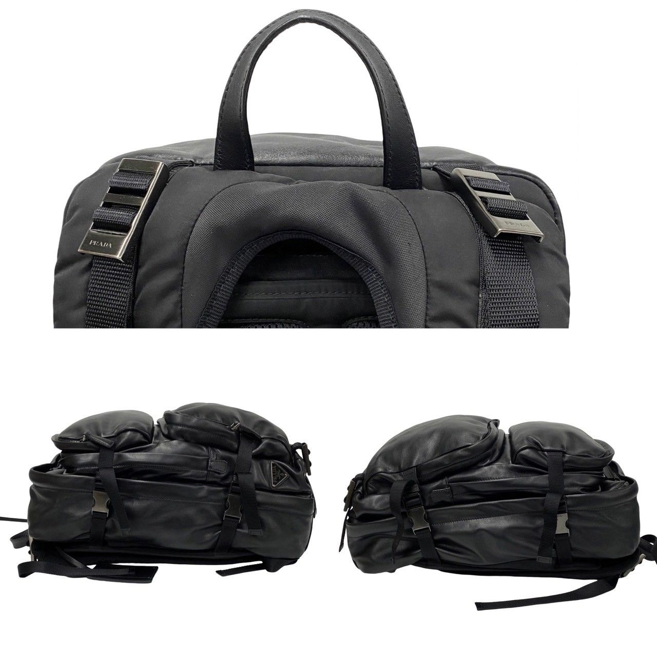 極 美品 PRADA プラダ 三角ロゴ 金具 オールレザー ナイロン