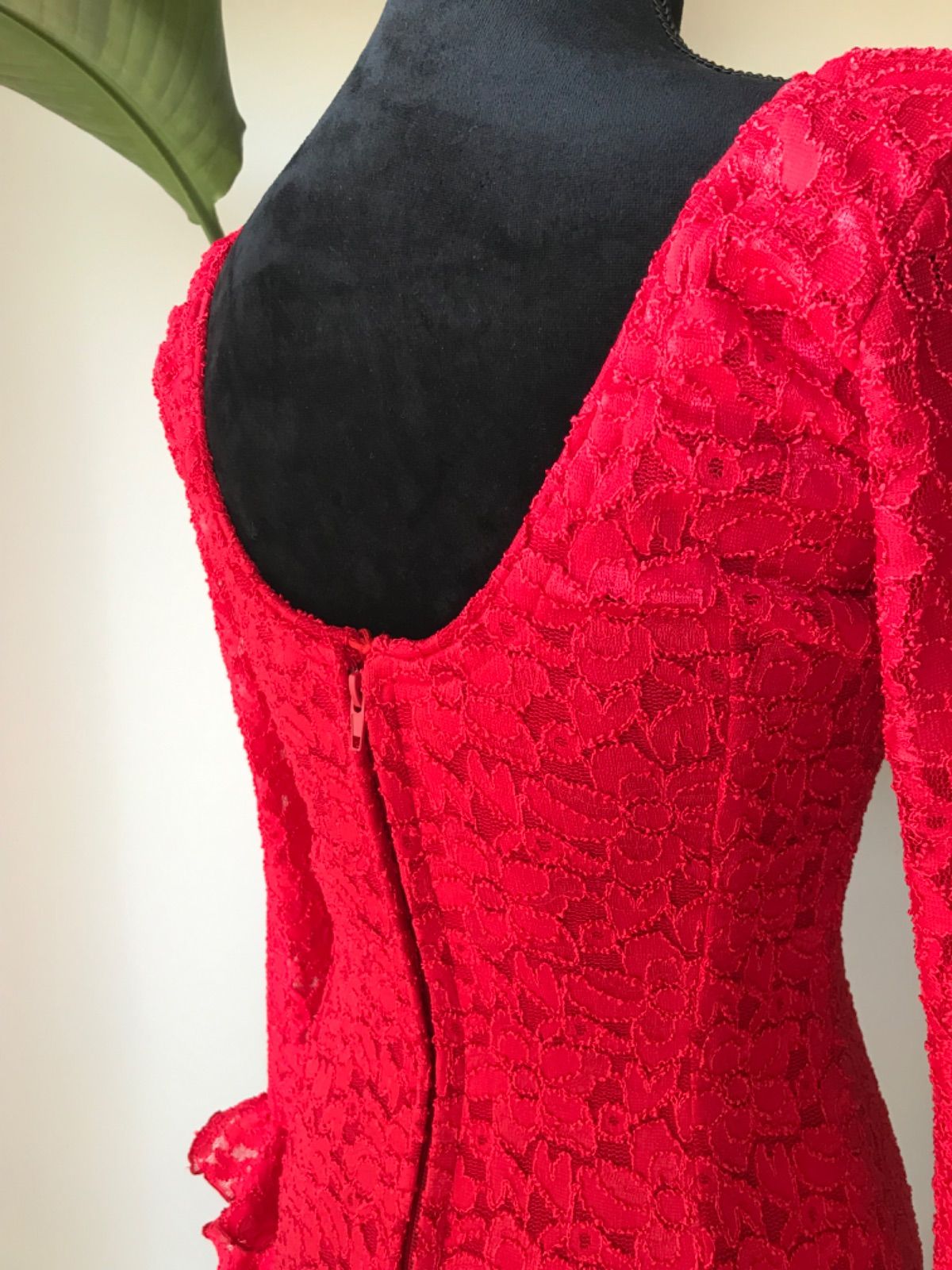 フラメンコ 総レース ブラウス レッド ストレッチ 首元スッキリ 長袖