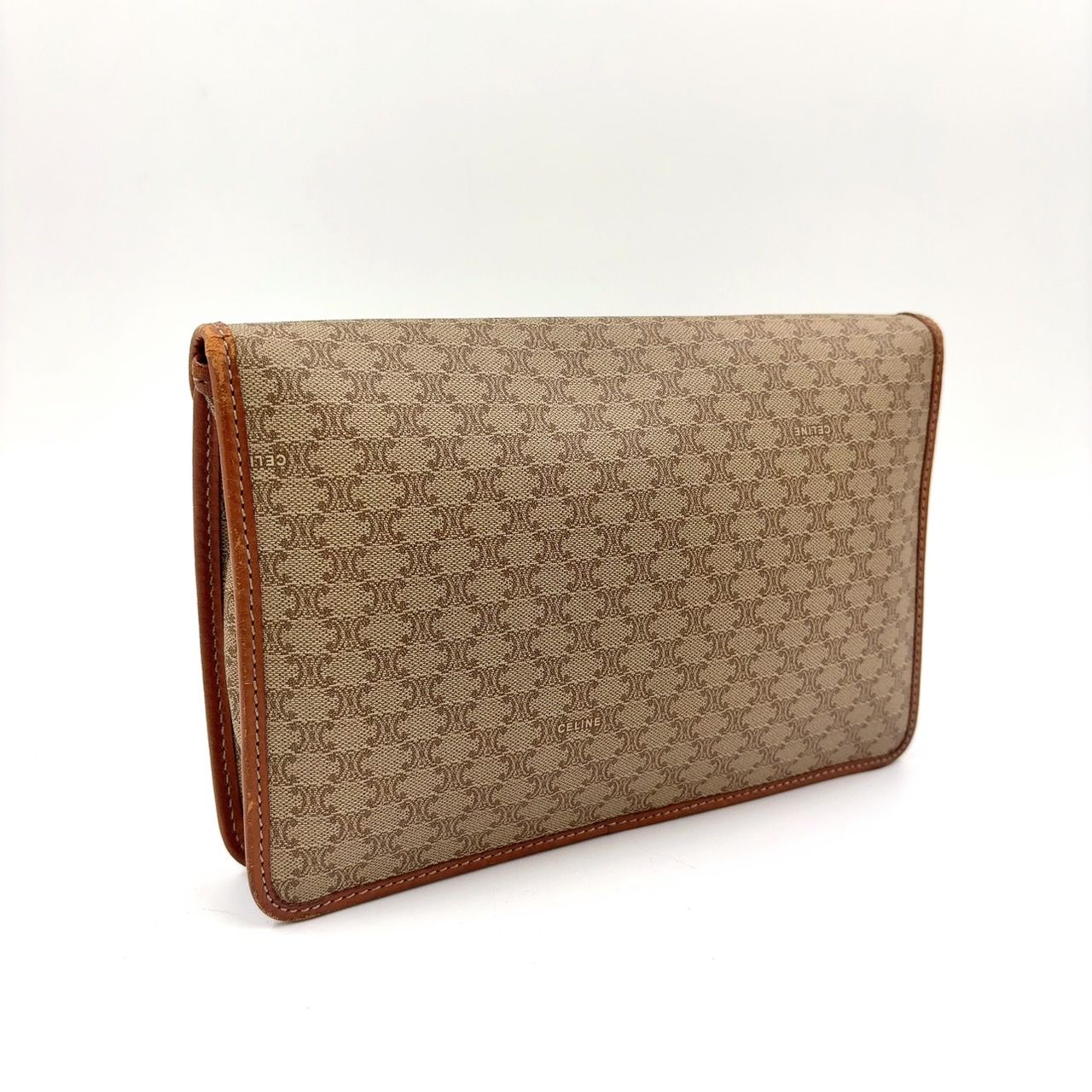 CELINE マカダム柄 レザー×PVC ブラウン×ベージュ クラッチバッグ ゴールド