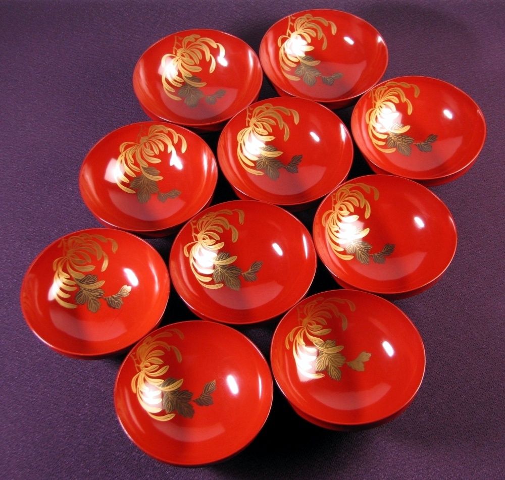 時代蒔絵　花鳥図吸物椀10客　木箱付　身口径13.2㎝　東Y7-0212③タトコ 時代 木製朱漆吸物椀10客 菊に蝶蒔絵 幅：11.8cm /煮物椀/25g042