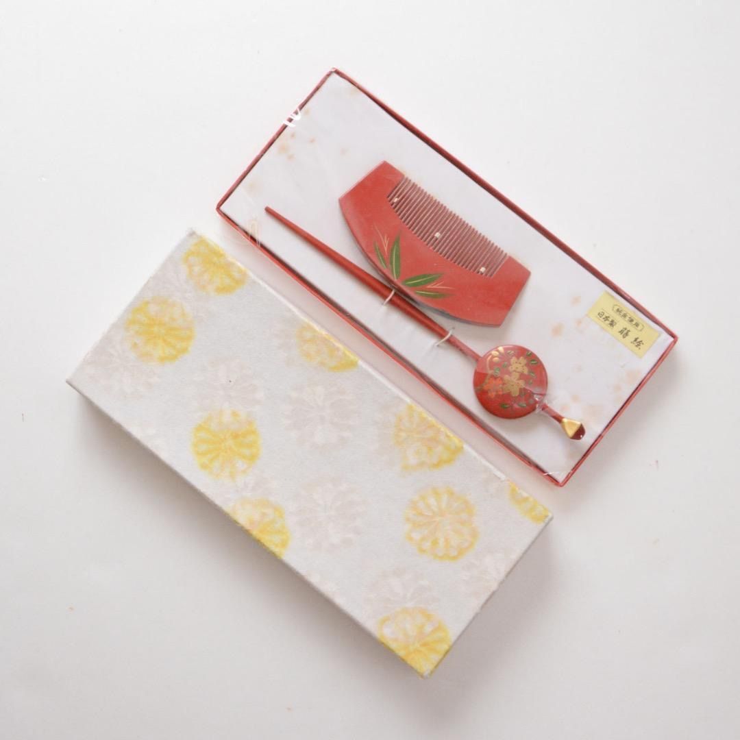 未使用 デッドストック 純金蒔絵 桜模様 かんざし櫛セット 箱付き 日本