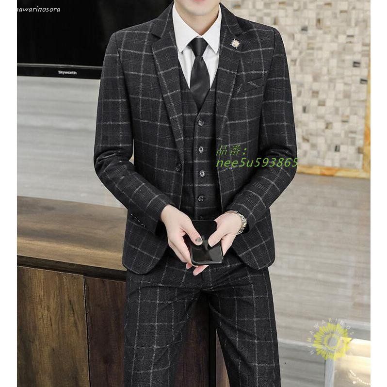 楽天市場】チェック柄 ビジネススーツ 上下セット 3ピース メンズ