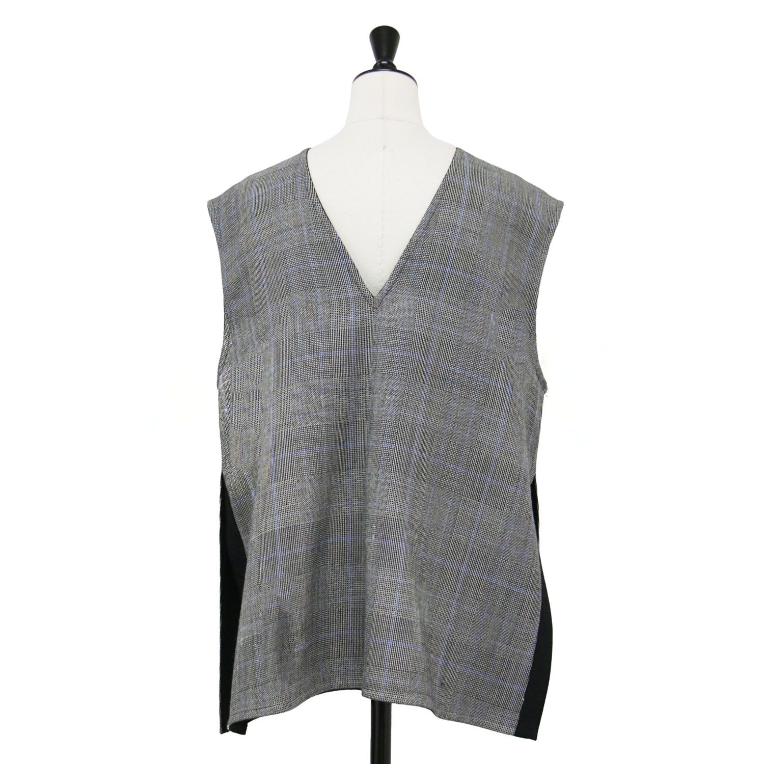 collection トゥモローランド ベスト グレー系×ブラック サイズ 36 9号 22秋冬 ウール シルク ブロックトゥース 4 WAY ジレ Vネック チェック柄 ワイド 金ボタン レディース