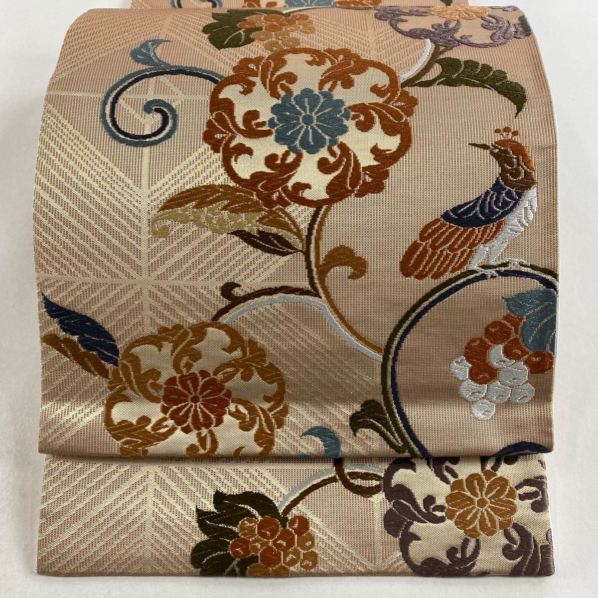 袋帯 美品 秀品 鳥 花唐草 唐織 箔 薄オレンジ 六通 正絹 【中古