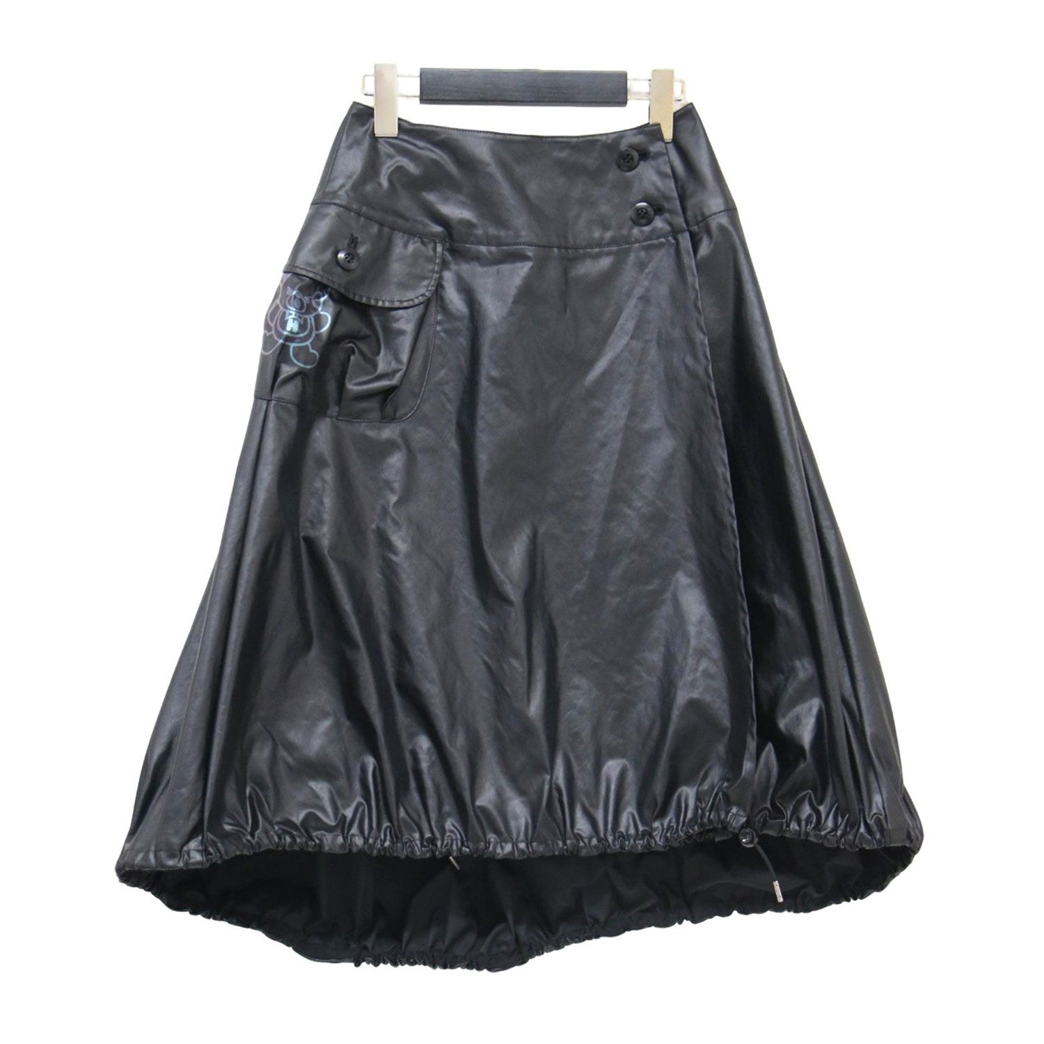 HYSTERIC GLAMOUR ヒステリックグラマー スカート 黒 ブラック サイズ S | ベア プリント ラップ スカート | ミディ丈 バルーン Aライン アシンメトリー エステルツイル | ボトムス 巻きスカート レディース