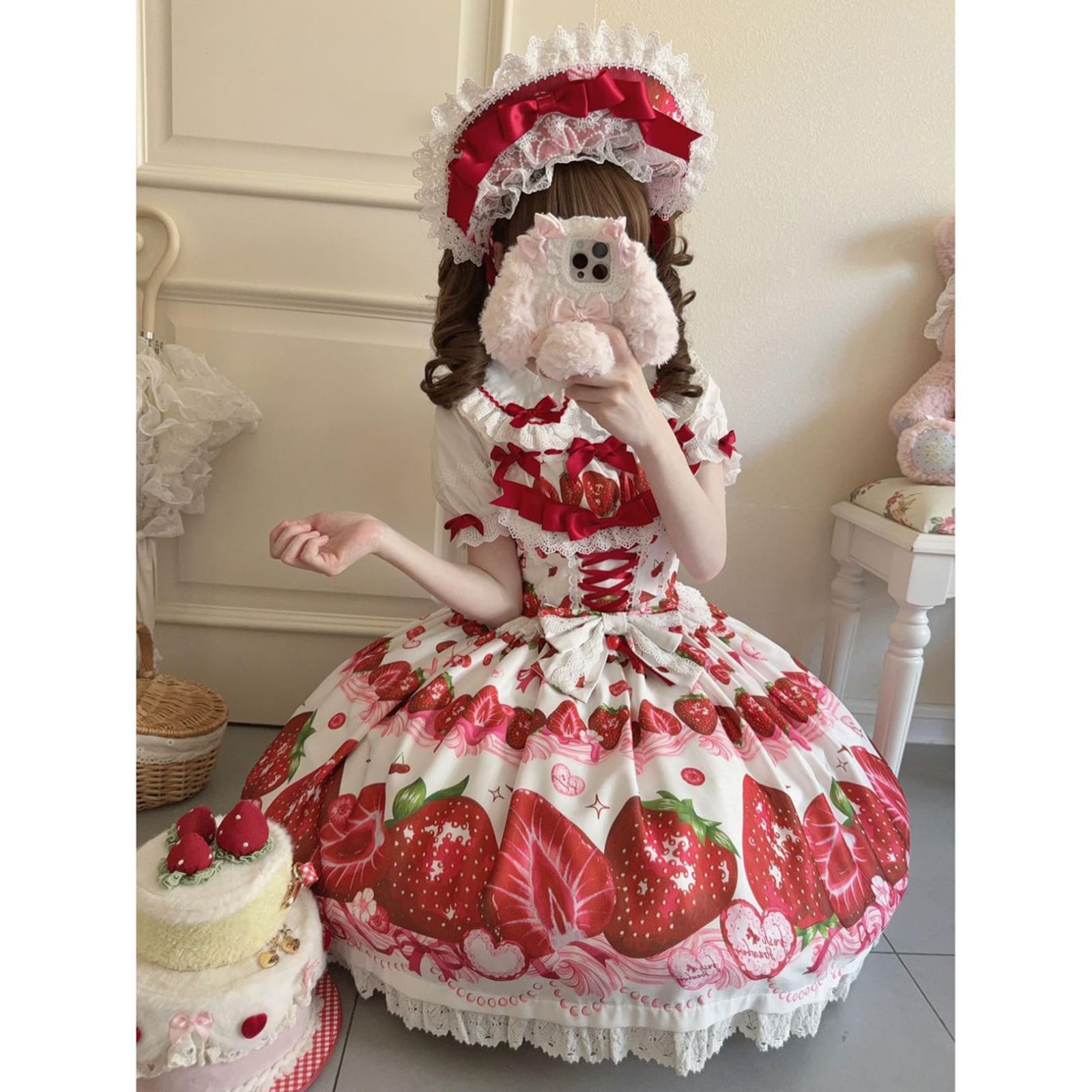 ロリータ ワンピース ジャンパースカート 大きめ 伸びる 苺 ケーキ ピンク ロリータ ワンピース ジャンパースカート 大きめ 伸びる 苺