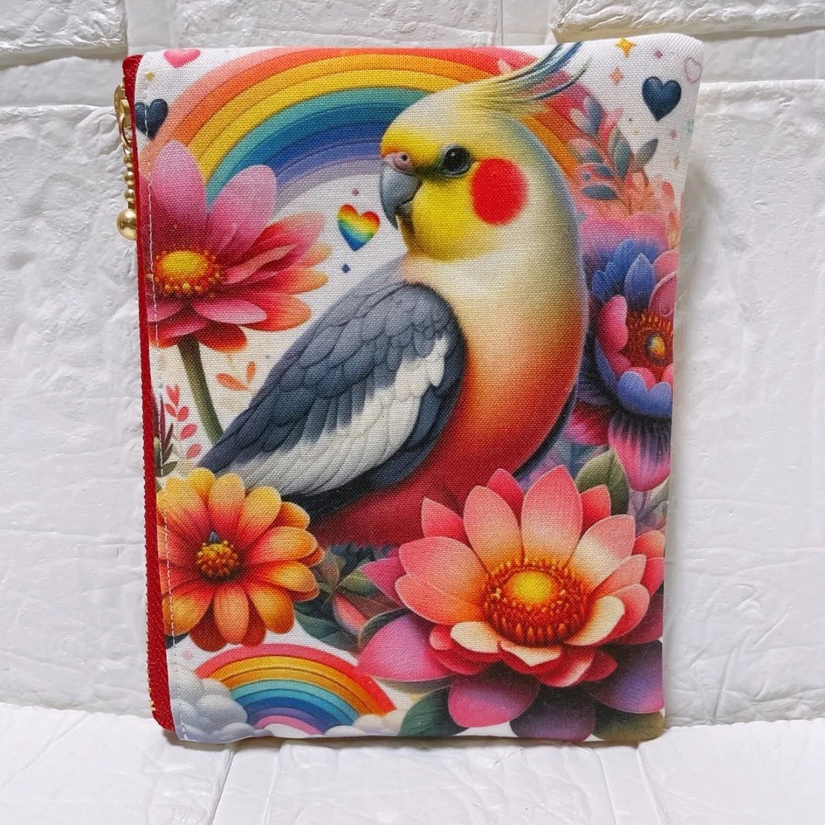 可愛いパネル生地　ハンドメイド　両面パネルフラットポーチ フラットポーチ ハンドメイド オカメインコ 両面パネル生地