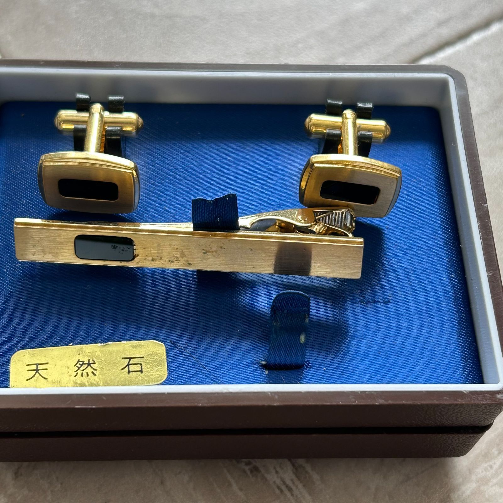 値下！　珊瑚　ネクタイピン＆カフスボタン 京の象がん 純金使用 古代珊瑚 天然石 ネクタイピン＆カフス