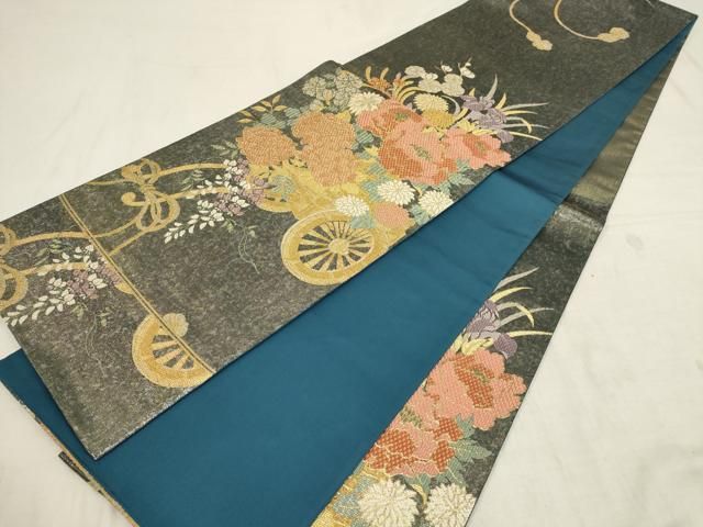 セール♪モダンで個性的な六通柄袋帯　着物 Prices down4）振袖 帯 「黒地 金×黄緑ドット」 日本製 絹 未